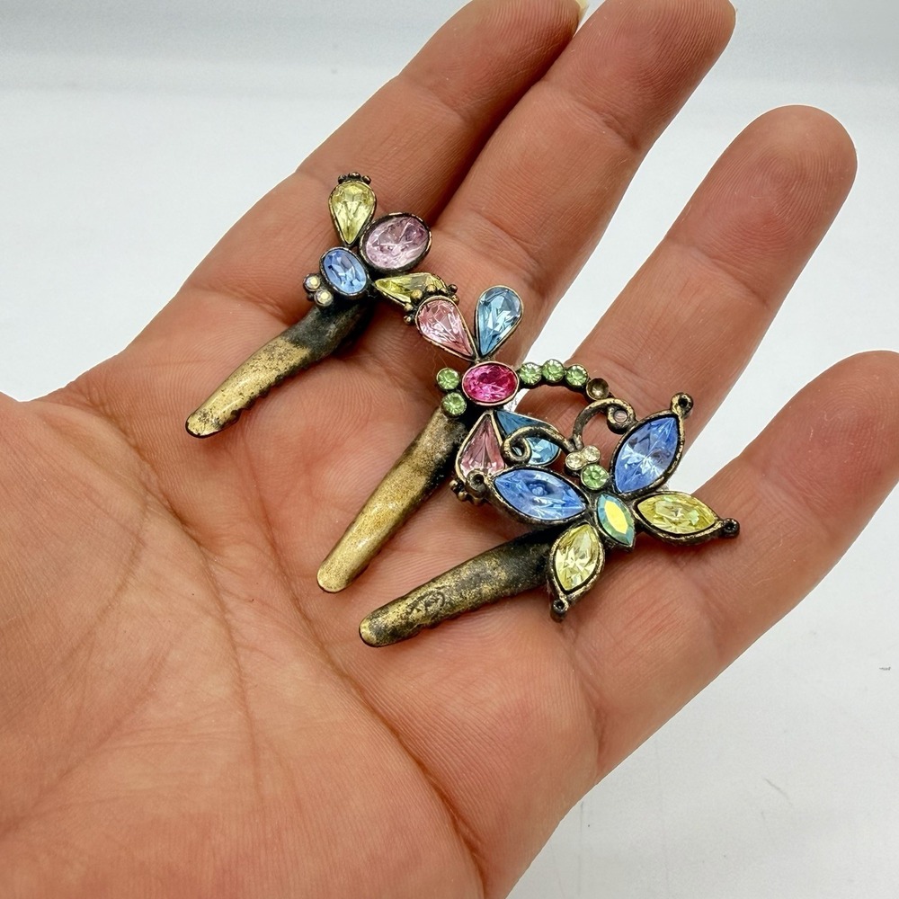 Vtg Rhinestone Figural Hair Clips Bee Butterfly Dragonfly Set Of 3